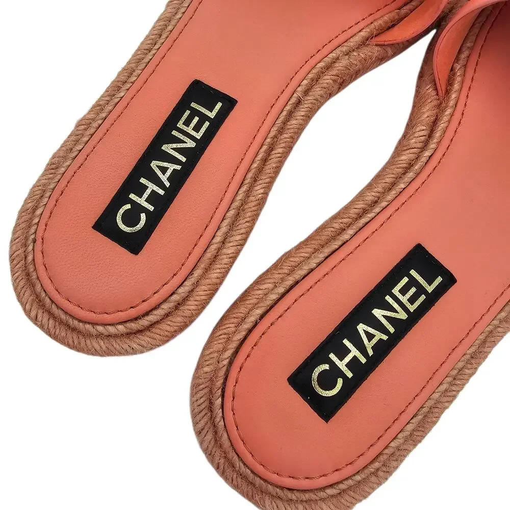 Chanel CC Logo Orange Coral Leather Flat Slide Sandal Jute Size 41 10 10.5